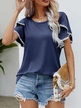 Load image into Gallery viewer, Pom-Pom Trim Flutter Sleeve Round Neck Tee
