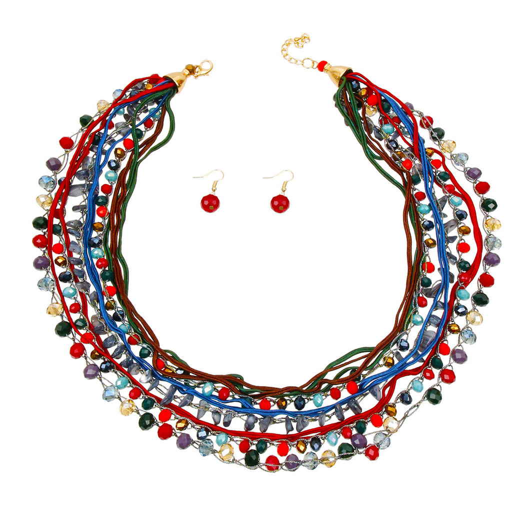 Multi Color Glass and Stone Bead with Cord Multi Strand Layered Necklace Set