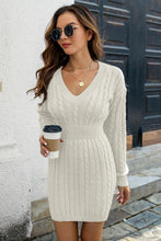 Cargar imagen en el visor de la galería, Cable-Knit V-Neck Long Sleeve Mini Sweater Dress
