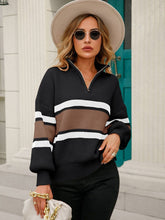 Load image into Gallery viewer, Striped Quarter-Zip Lantern Sleeve Sweater
