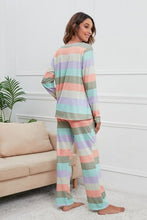 Load image into Gallery viewer, Striped Round Neck Long Sleeve Top and Drawstring Pants Lounge Set
