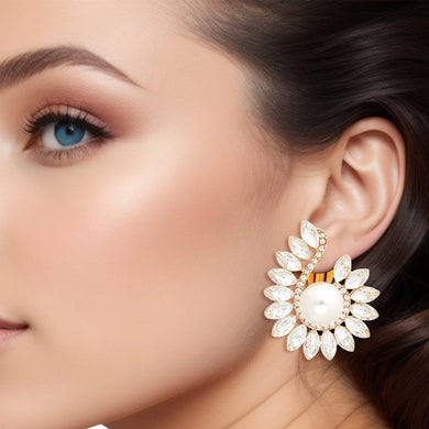 Clip On Medium Gold Hook Pearl Earrings for Women