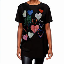 Cargar imagen en el visor de la galería, Short Sleeve T-Shirt Black Bling Hearts for Women
