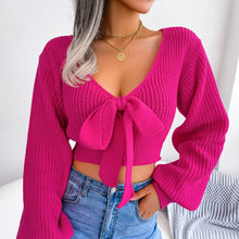 Load image into Gallery viewer, Tie-Front Rib-Knit Cropped Sweater
