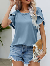 Load image into Gallery viewer, Pom-Pom Trim Flutter Sleeve Round Neck Tee
