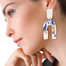 Load image into Gallery viewer, Blue and White Marbled Clay U Drop Earrings
