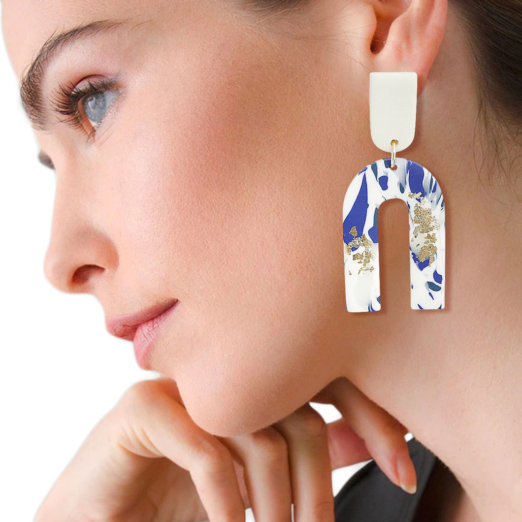Blue and White Marbled Clay U Drop Earrings