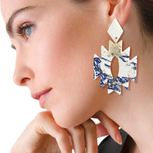 Load image into Gallery viewer, Blue and White Marbled Clay Aztec Earrings
