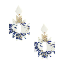 Load image into Gallery viewer, Blue and White Marbled Clay Aztec Earrings
