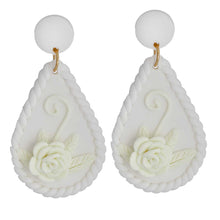 Load image into Gallery viewer, White Ivory Clay Teardrop Flower Bridal Earrings
