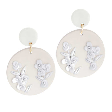 White Tan Clay Round Flower Bridal Earrings