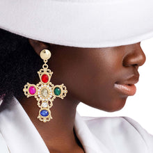 Load image into Gallery viewer, Gold Multi Fancy Cross Earrings
