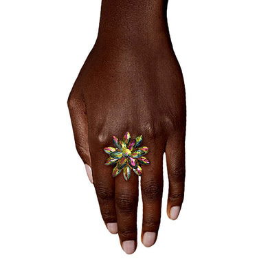 Pink Green Stacked Marquise Flower Ring