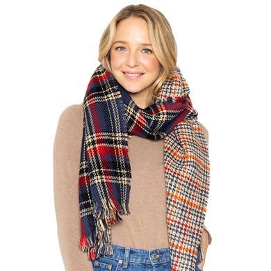 Navy Plaid Houndstooth Reversible Scarf