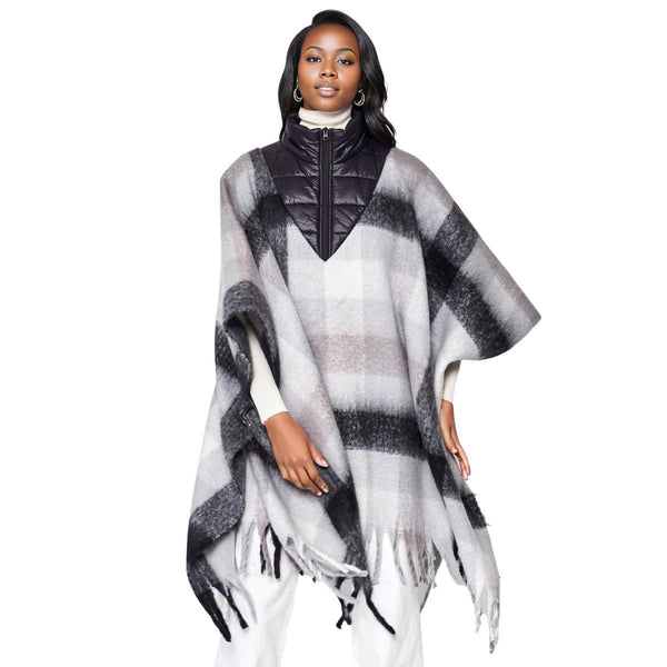 Fringe Poncho Poly Black Plaid Long Zip for Women