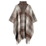 Fringe Poncho Poly Brown Plaid Long Zip for Women