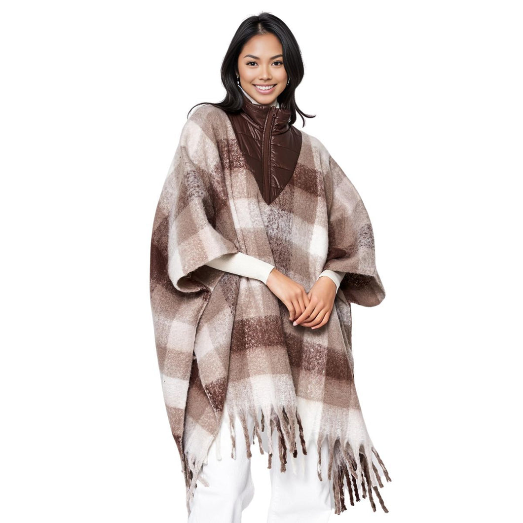 Fringe Poncho Poly Brown Plaid Long Zip for Women