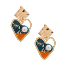 Load image into Gallery viewer, Gold and Blue Resin Heart Earrings
