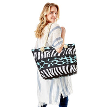 Load image into Gallery viewer, White and Aqua Animal Print Beach Tote
