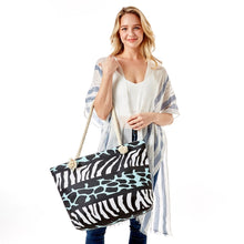 Load image into Gallery viewer, White and Aqua Animal Print Beach Tote
