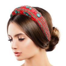 Load image into Gallery viewer, Designer Green Red Crystal Padded Headband

