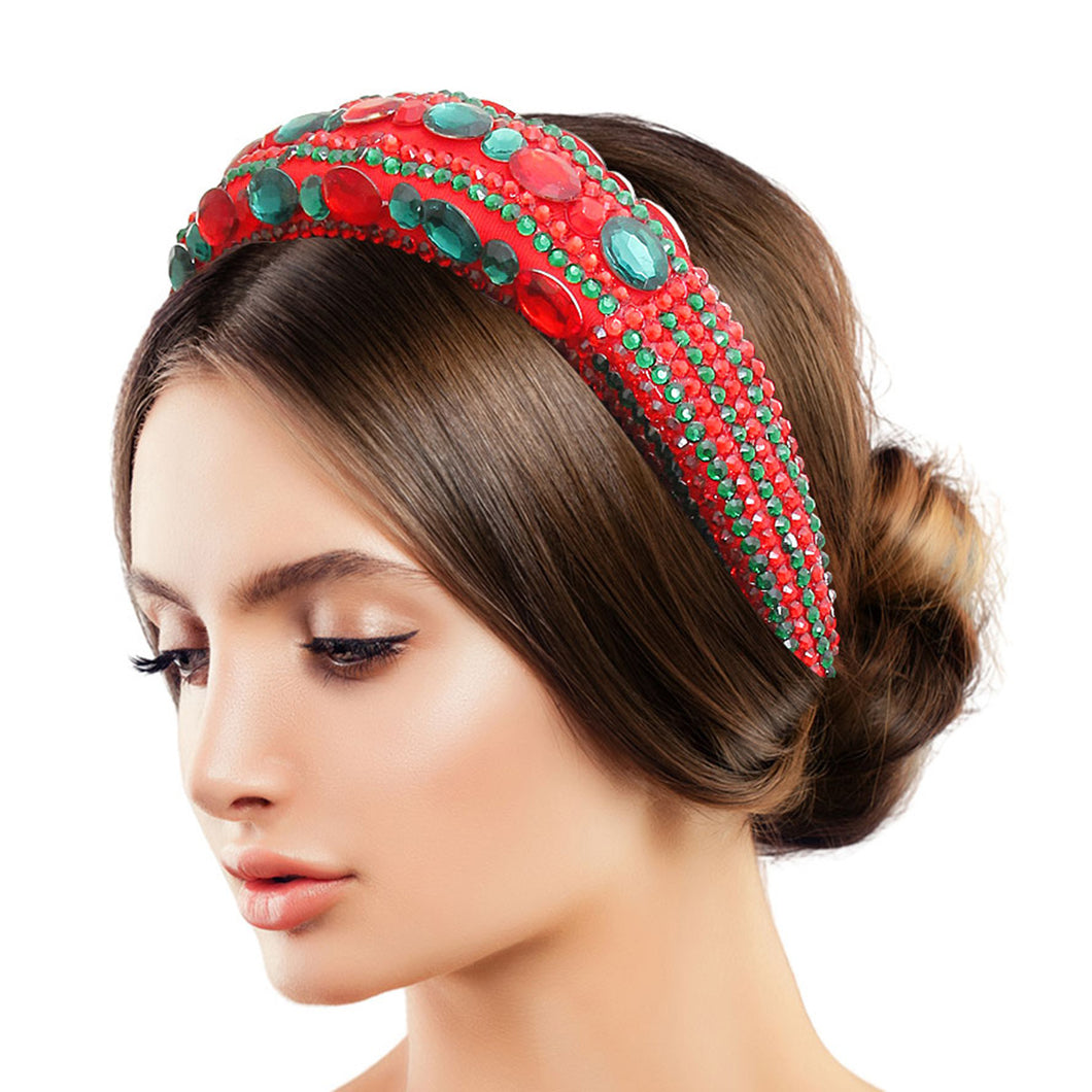 Designer Green Red Crystal Padded Headband