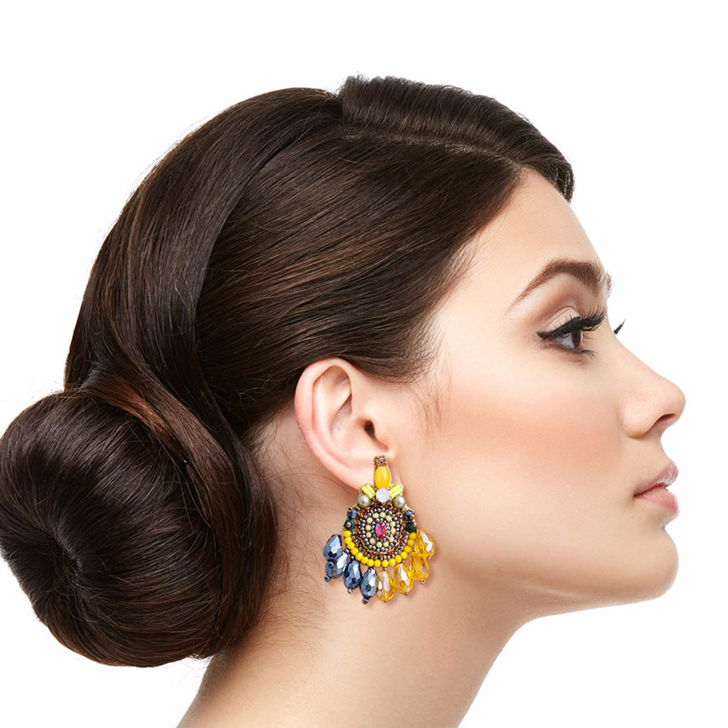 Yellow Teardrop Bead Embroidered Earrings