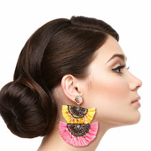 Load image into Gallery viewer, Yellow and Pink Raffia Tassel Earrings
