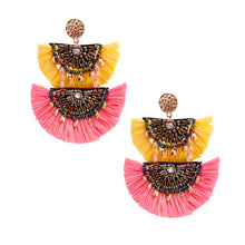 Load image into Gallery viewer, Yellow and Pink Raffia Tassel Earrings
