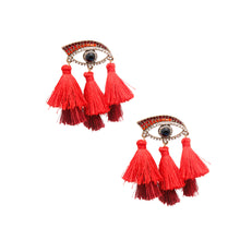 Load image into Gallery viewer, Red Evil Eye Tassel Earrings
