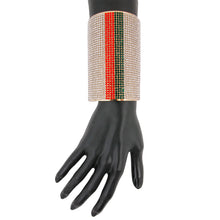 Cargar imagen en el visor de la galería, Designer Style Rhinestone Cuff Bracelet with Vertical Green and Red Stripes
