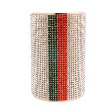 Cargar imagen en el visor de la galería, Designer Style Rhinestone Cuff Bracelet with Vertical Green and Red Stripes
