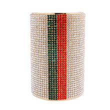 Load image into Gallery viewer, Designer Style Rhinestone Cuff Bracelet with Vertical Green and Red Stripes

