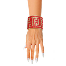 Load image into Gallery viewer, Red Greek Key Designer Gold Cuff
