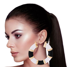 Load image into Gallery viewer, Black and White Wide Bamboo Hoops
