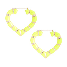 Load image into Gallery viewer, Neon Yellow Heart Bamboo Hoops

