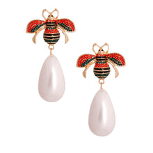 Load image into Gallery viewer, Red and Green Bee Pearl Teardrop Earrings
