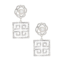 Load image into Gallery viewer, Silver Flower Square Greek Key Earrings
