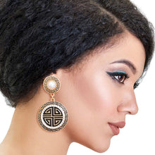 Load image into Gallery viewer, Gold Black Round Greek Key Charm Earrings
