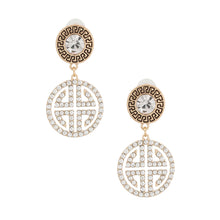 Load image into Gallery viewer, Gold Round Crystal Greek Key Earrings
