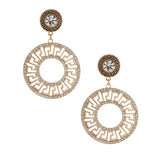 Gold Rhinestone Round Greek Key Earrings