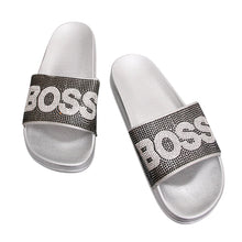 Load image into Gallery viewer, Size 8 Black BOSS Silver Slides
