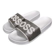 Load image into Gallery viewer, Size 7 Black BOSS Silver Slides
