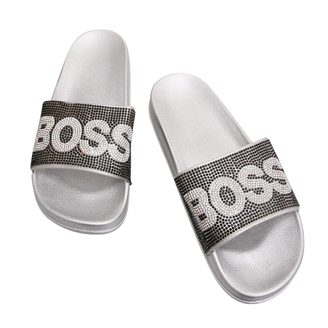 Size 7 Black BOSS Silver Slides