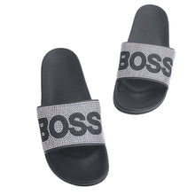 Load image into Gallery viewer, Size 7 Silver BOSS Black Slides
