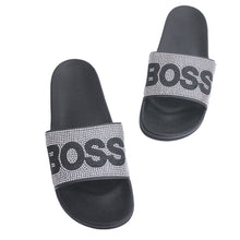 Load image into Gallery viewer, Size 8 Silver BOSS Black Slides

