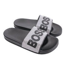 Load image into Gallery viewer, Size 10 Silver BOSS Black Slides
