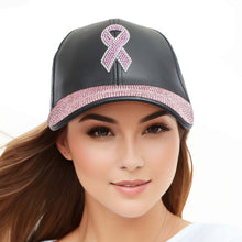 Load image into Gallery viewer, Black Leather Pink Ribbon Hat
