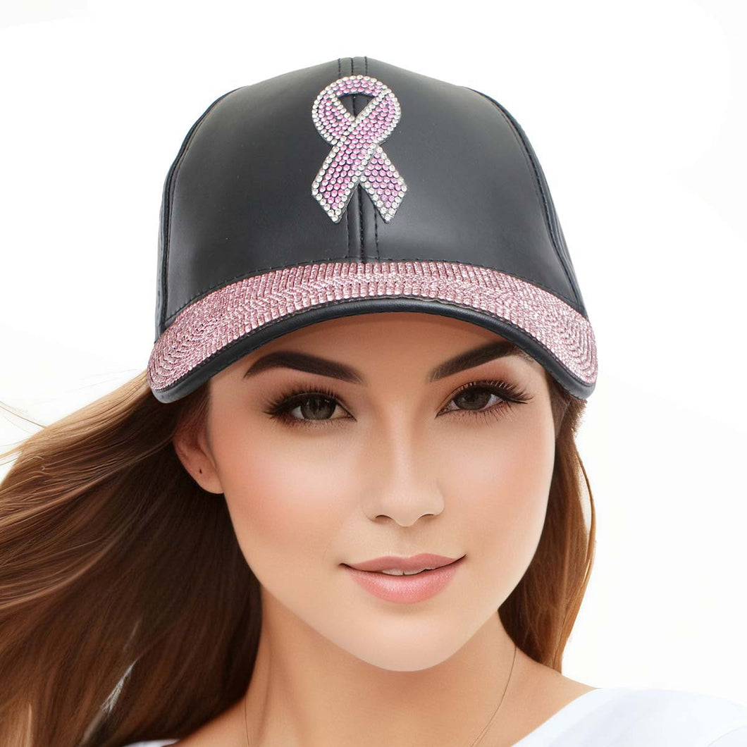 Black Leather Pink Ribbon Hat