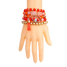Load image into Gallery viewer, Coral and Matte Gold Evil Eye Bracelets
